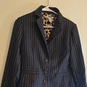 CAbi Black Pinstripe Blazer with Leopard Lining